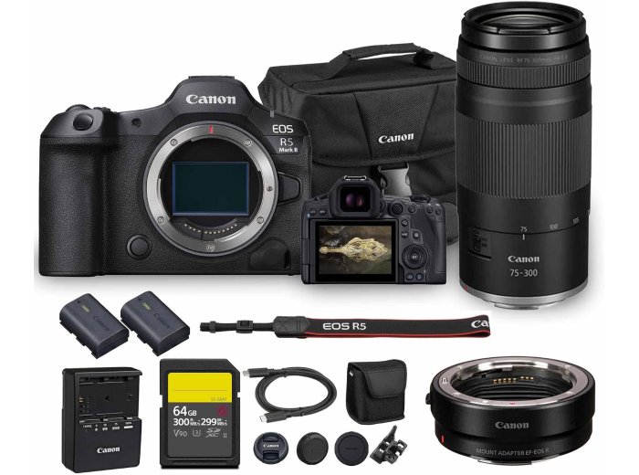 Canon EOS R5 Mark II Mirrorless Camera | 45MP Full Frame Sensor 8K Video Recording | Advanced IBIS Autofocus for Professional Creators (6536C002) + Canon RF 75-300mm Lens + Adapter EF-EOS R + More