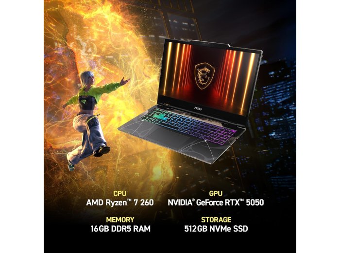msi Cyborg A15 AI 15.6” FHD 144Hz Thin & Light Gaming Laptop – Ryzen 7 260, GeForce RTX 5050, 16GB DDR5, 1TB SSD, Portable Design, Wi-Fi 6E, Windows 11 B2HWEKG-074US