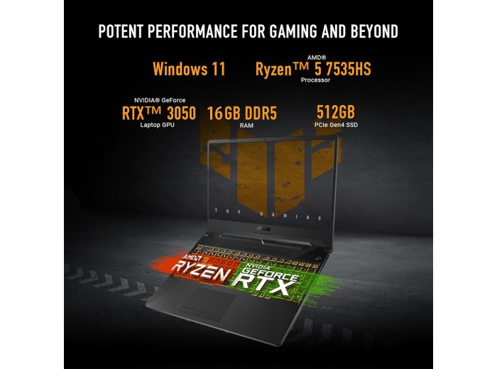 ASUS TUF Gaming A15 Gaming Laptop, 15.6” FHD 16:9 144Hz Display, AMD Ryzen™ 5 7535HS Processor, NVIDIA® GeForce RTX™ 3050, 16GB DDR5, 512GB PCIe® Gen 4.0 SSD, Wi-Fi 6, Windows 11 Home, FA506NC-DS53